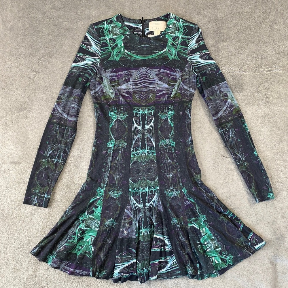 Nicole Miller Dress Womens P Green Artelier Kaleidoscope Fit Flare Mini Goth